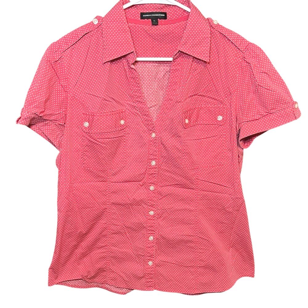 Express Design Studio Pink Polka Dot Button Front Blouse XL Y2K Top
